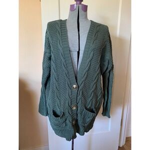 Agnes & Dora Dark Green Cable Knit Cotton Cardigan Sweater M Pockets Earthy Gran